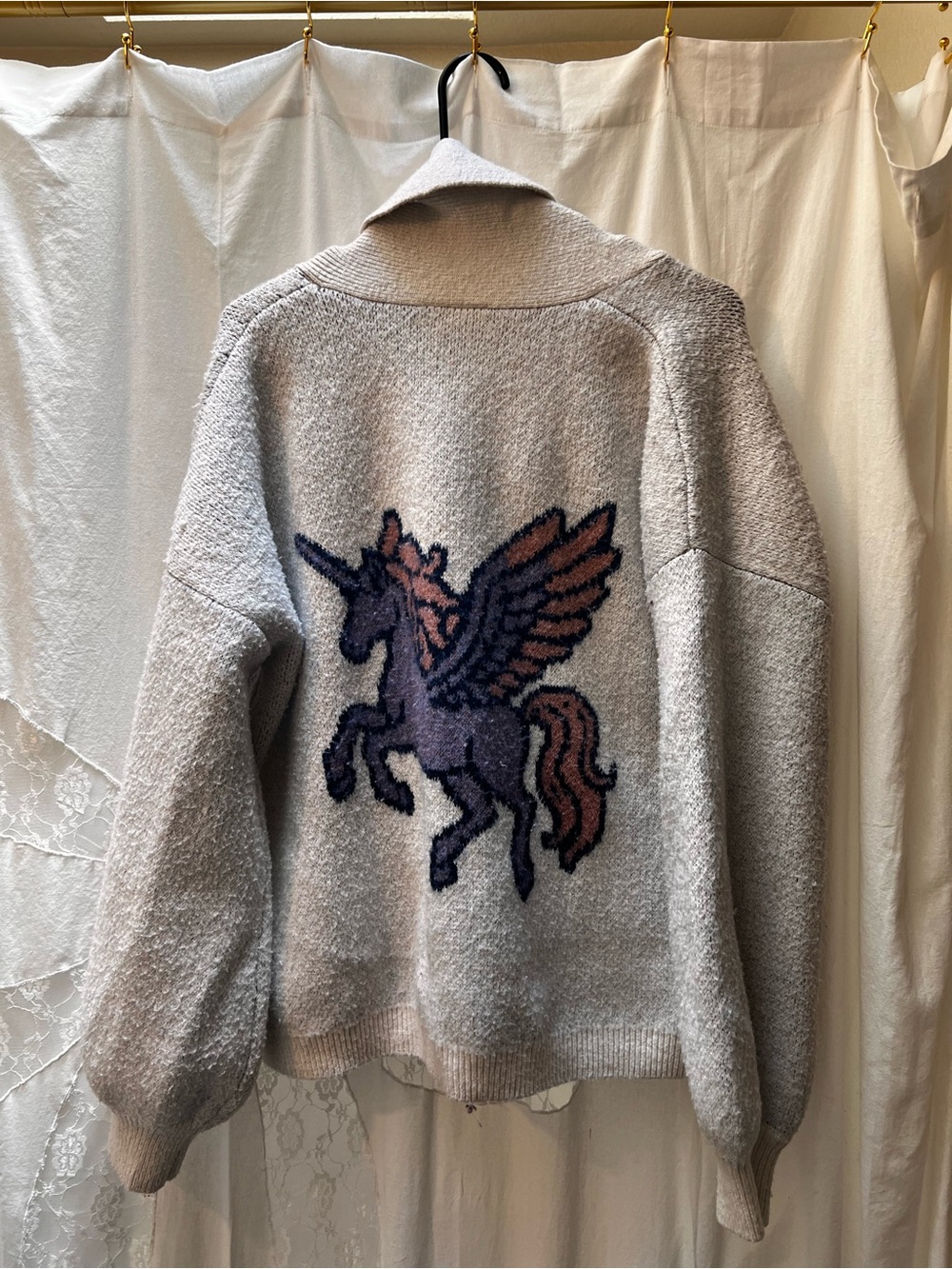 Vici Light Gray Sweater with Pegasus Intarsia in Purple and Brown